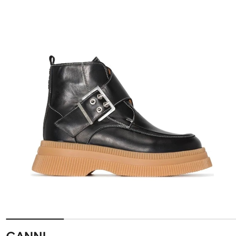 Ganni Black Leather Calf Boot with Buckle. Size 38.